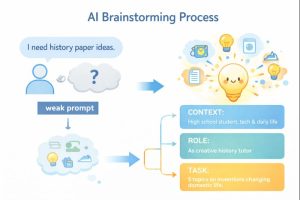 Flowchart comparing weak vs strong AI prompts. Shows a person icon, weak prompt leading to confusion, versus a strong prompt built from context, role, and task blocks leading to a lightbulb with multiple ideas.