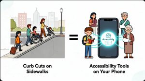 Diagram comparing curb cuts on a sidewalk to accessibility tools on a phone, showing both are used by diverse people.