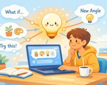 Flowchart comparing weak vs strong AI prompts. Shows a person icon, weak prompt leading to confusion, versus a strong prompt built from context, role, and task blocks leading to a lightbulb with multiple ideas.