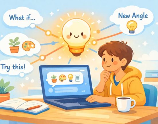 Flowchart comparing weak vs strong AI prompts. Shows a person icon, weak prompt leading to confusion, versus a strong prompt built from context, role, and task blocks leading to a lightbulb with multiple ideas.
