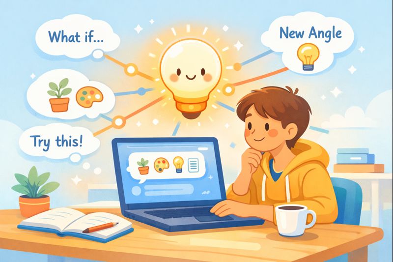 Flowchart comparing weak vs strong AI prompts. Shows a person icon, weak prompt leading to confusion, versus a strong prompt built from context, role, and task blocks leading to a lightbulb with multiple ideas.