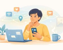 Illustration showing a person thoughtfully using smart devices with a focus on digital privacy.