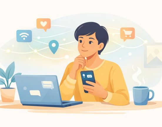 Illustration showing a person thoughtfully using smart devices with a focus on digital privacy.