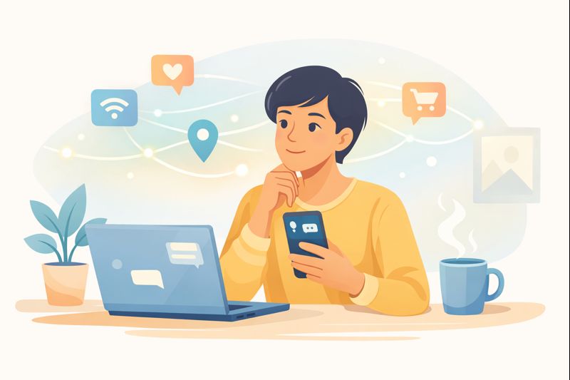 Illustration showing a person thoughtfully using smart devices with a focus on digital privacy.