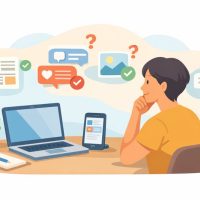 Illustration showing a person thoughtfully evaluating information from multiple online sources.