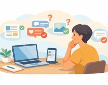 Illustration showing a person thoughtfully evaluating information from multiple online sources.