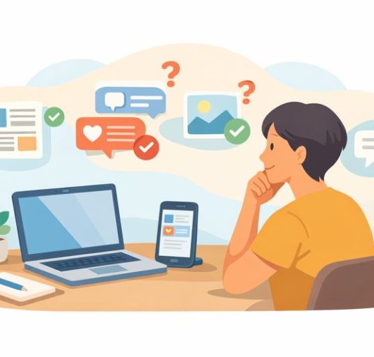 Illustration showing a person thoughtfully evaluating information from multiple online sources.