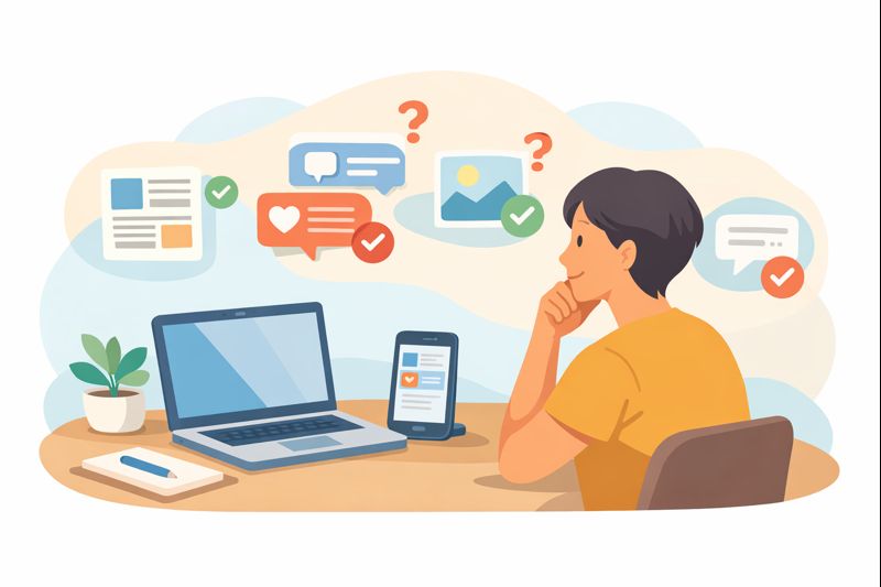 Illustration showing a person thoughtfully evaluating information from multiple online sources.