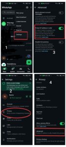 Step-by-step illustration showing how to enable IP protection in WhatsApp privacy settings