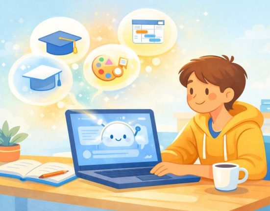 Illustration of a professional using AI, with three thought bubbles showing job icons for a teacher, project manager, and marketer.