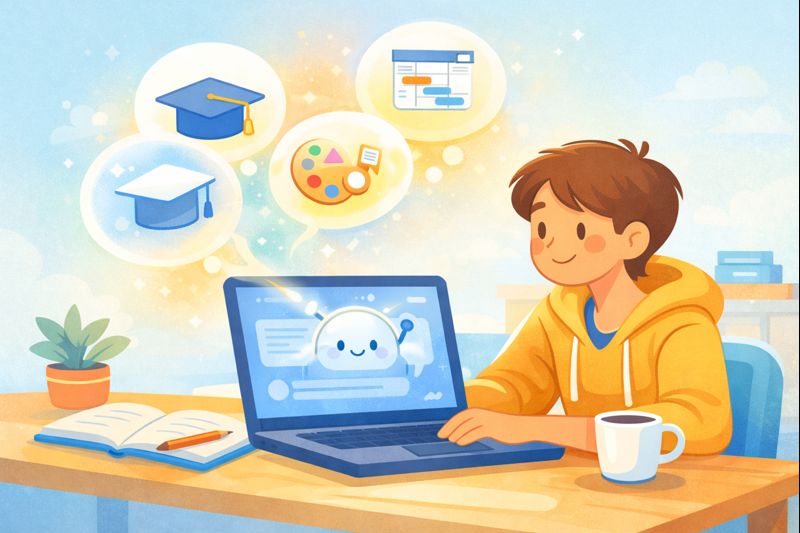 Illustration of a professional using AI, with three thought bubbles showing job icons for a teacher, project manager, and marketer.