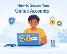 llustration showing a student using a laptop with secure online account icons