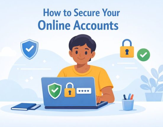 llustration showing a student using a laptop with secure online account icons