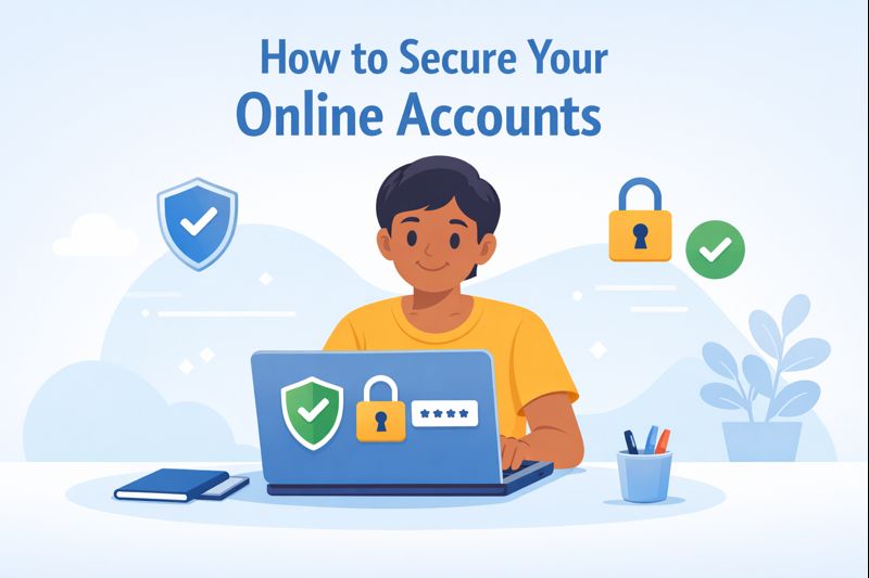 llustration showing a student using a laptop with secure online account icons