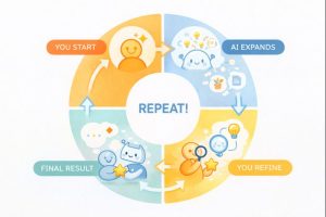 Circular diagram showing the four-step collaboration cycle between human and AI: You Start, AI Expands, You Refine, Final Result, connected by arrows in an ongoing loop.