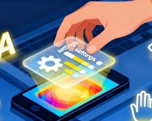 Diagram of a hand lifting a settings icon from a device to reveal helpful, glowing accessibility features underneath.