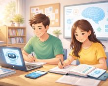 Illustration showing students using AI tools thoughtfully in a learning environment