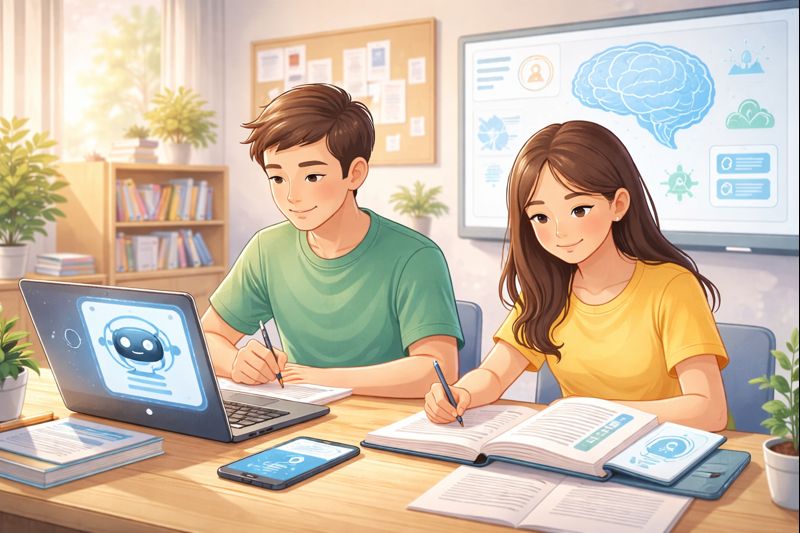 Illustration showing students using AI tools thoughtfully in a learning environment