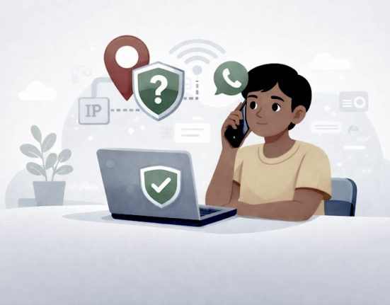 Illustration showing a WhatsApp call with privacy and IP protection icons