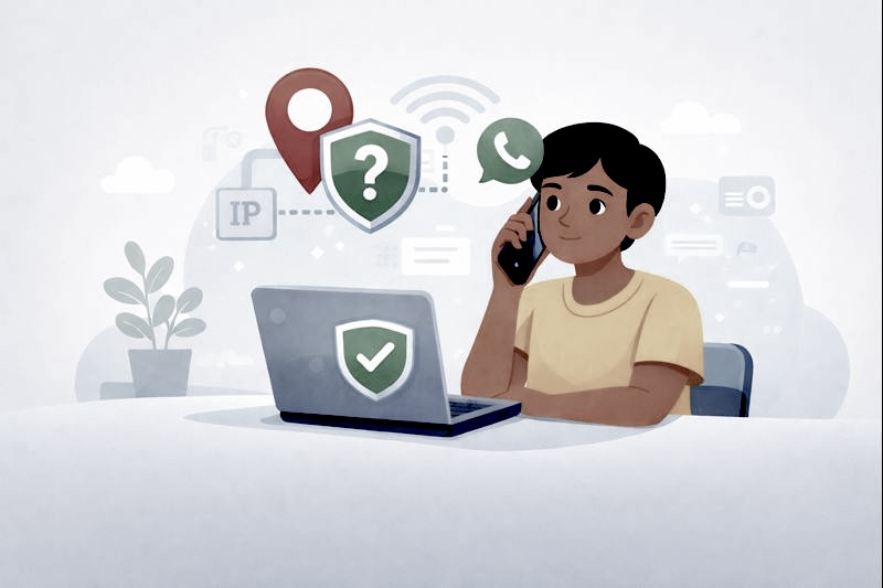 Illustration showing a WhatsApp call with privacy and IP protection icons