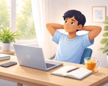 Illustration showing a student calmly balancing phone, laptop, and everyday life