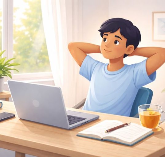 Illustration showing a student calmly balancing phone, laptop, and everyday life