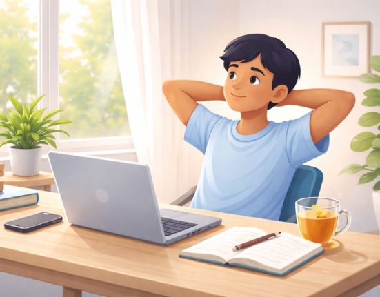 Illustration showing a student calmly balancing phone, laptop, and everyday life