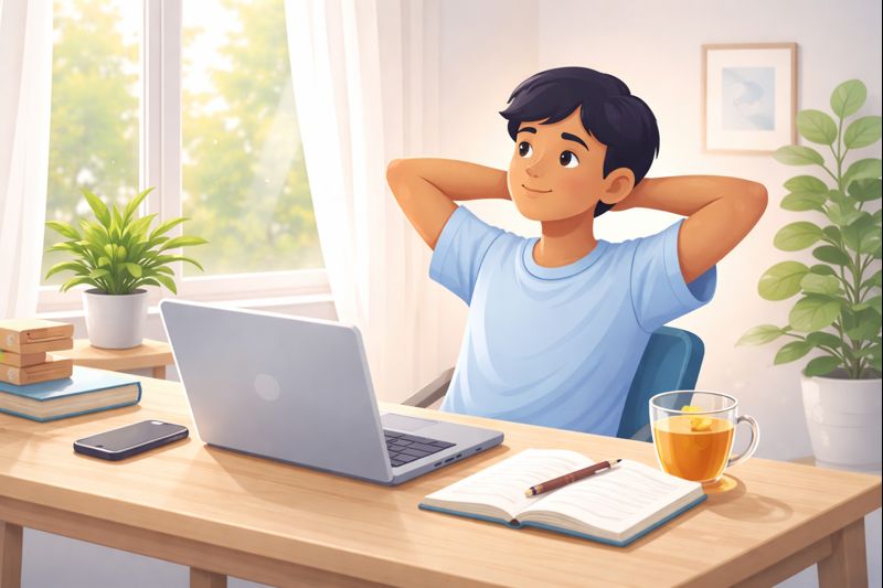 Illustration showing a student calmly balancing phone, laptop, and everyday life