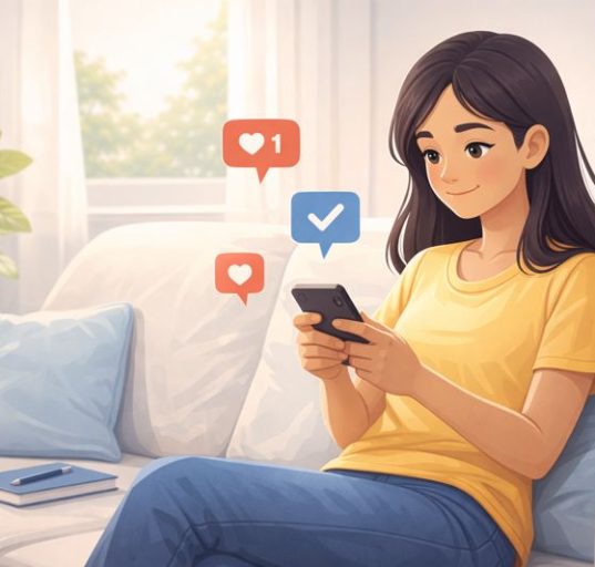 illustration of a lady relaxing on the couch with her phone
