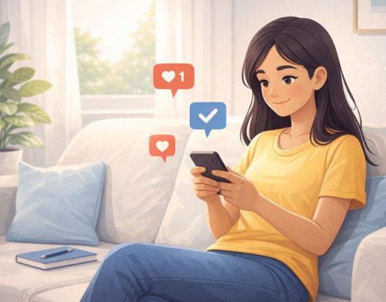 illustration of a lady relaxing on the couch with her phone