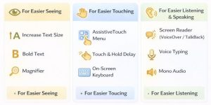 Cheat sheet graphic listing built-in accessibility tools for seeing, touching, and listening, with simple icons.