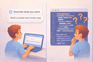 Flat illustration showing a beginner typing a simple request into an AI prompt on one side, while generated code with question marks appears on the other, suggesting hidden complexity behind AI-written code.