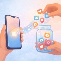 Illustration showing the hidden data exchange of free apps: friendly cartoon hands collecting user data icons (like location and email) that stream from a smartphone.