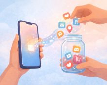 Illustration showing the hidden data exchange of free apps: friendly cartoon hands collecting user data icons (like location and email) that stream from a smartphone.