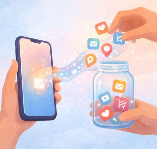 Illustration showing the hidden data exchange of free apps: friendly cartoon hands collecting user data icons (like location and email) that stream from a smartphone.
