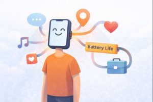 Friendly illustration comparing battery life to a lifeline, showing a person connected to icons for social life, navigation, and work through a cord from their smartphone head.