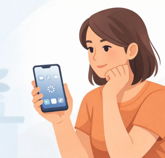 Illustration of a calm person holding a smartphone with a subtle loading icon on the screen, representing a phone that feels slow over time in everyday use.