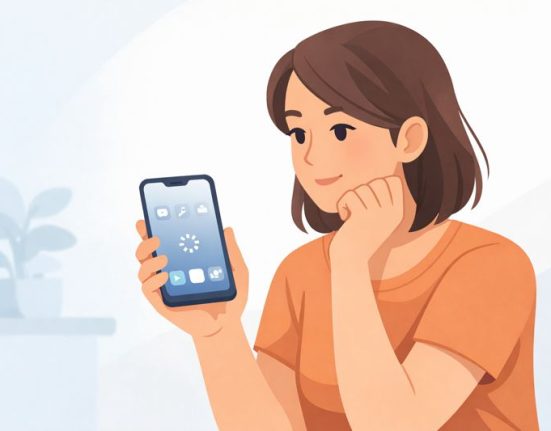 Illustration of a calm person holding a smartphone with a subtle loading icon on the screen, representing a phone that feels slow over time in everyday use.