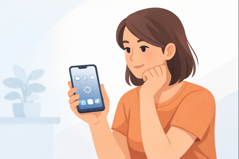 Illustration of a calm person holding a smartphone with a subtle loading icon on the screen, representing a phone that feels slow over time in everyday use.