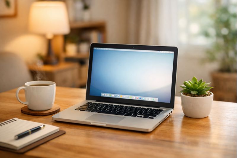 A clean laptop on a cozy desk, symbolizing a faster, more organized computer after following simple optimization tips.
