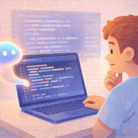 3D illustration of a student looking thoughtfully at a laptop as an abstract AI assistant helps generate code, showing AI support alongside human curiosity and learning.
