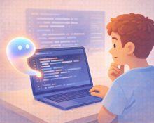 3D illustration of a student looking thoughtfully at a laptop as an abstract AI assistant helps generate code, showing AI support alongside human curiosity and learning.