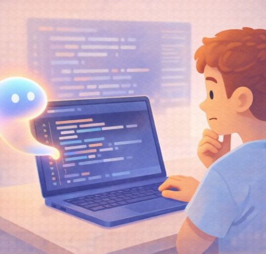3D illustration of a student looking thoughtfully at a laptop as an abstract AI assistant helps generate code, showing AI support alongside human curiosity and learning.