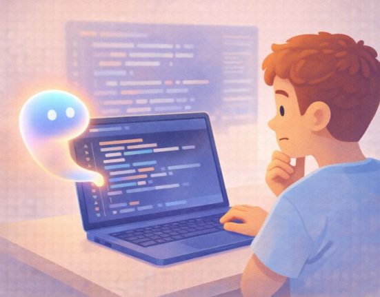 3D illustration of a student looking thoughtfully at a laptop as an abstract AI assistant helps generate code, showing AI support alongside human curiosity and learning.