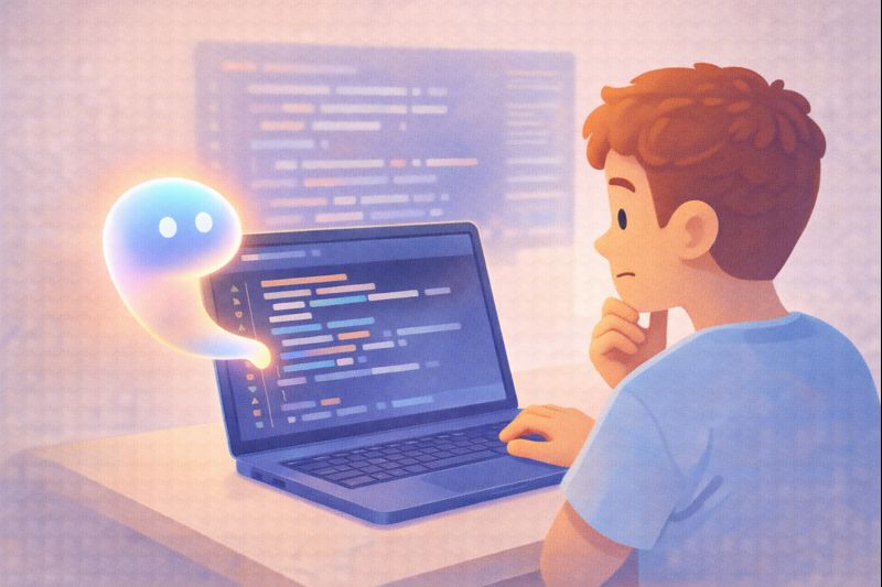 3D illustration of a student looking thoughtfully at a laptop as an abstract AI assistant helps generate code, showing AI support alongside human curiosity and learning.