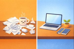 Illustration comparing a cluttered, messy desk to a clean, organized one, representing how a restart clears your phone's memory.