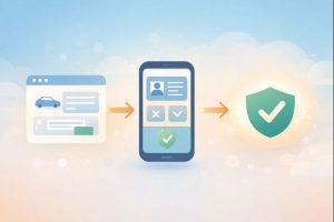 Illustration showing a step-by-step digital ID process from a website request to phone approval and verified access.