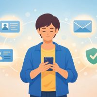 A person holding a smartphone with floating icons representing digital identity, including profile, email, and verification symbols.