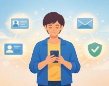 A person holding a smartphone with floating icons representing digital identity, including profile, email, and verification symbols.