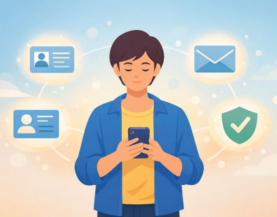 A person holding a smartphone with floating icons representing digital identity, including profile, email, and verification symbols.